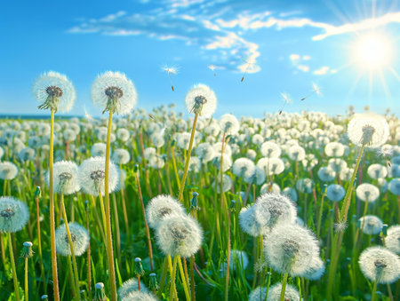 A field of dandelions with fluffy seed heads under a bright blue sky and shining sun. Some seeds are floating in the air.の素材