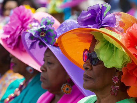 A group of women wearing vibrant, flower-adorned hats and matching outfits, enjoying an outdoor event.の素材