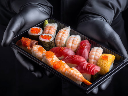 A pair of gloved hands holds a tray of assorted sushi, including nigiri and maki rolls, garnished with roe.の素材