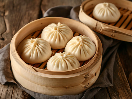 Five steamed dumplings sit in a bamboo steamer on a wooden table, with another steamer in the background.の素材