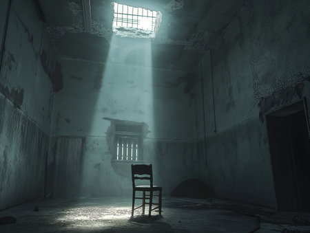 A single wooden chair sits under a beam of sunlight in a dilapidated, abandoned room with cracked walls and a broken ceiling.の素材