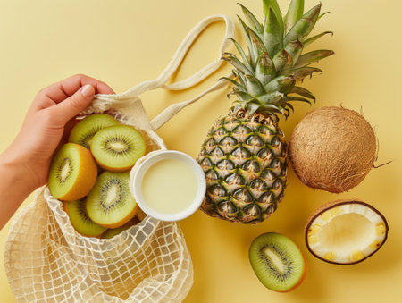 A hand holds a mesh bag with sliced kiwis and a yogurt cup. Nearby are a pineapple, whole and halved coconuts, and more kiwi slices on a yellow background.の素材