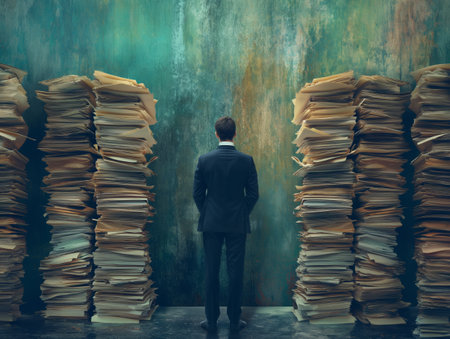 A man in a suit stands before towering stacks of paperwork against a textured, greenish wall, symbolizing overwhelming tasks.の素材