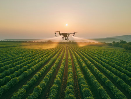 A drone sprays crops in a vast, green field at sunrise, casting a golden glow over the landscape.の素材
