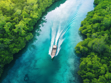 Aerial view of a boat sailing through a clear, turquoise river surrounded by lush green forest.の素材
