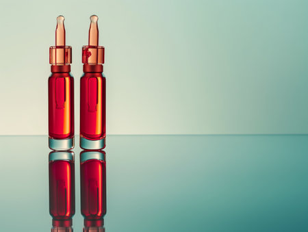 Two red liquid-filled ampoules stand upright on a reflective surface against a gradient background.の素材