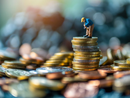 A tiny figurine of a worker stands on a stack of coins, surrounded by more coins, symbolizing labor and wealth.の素材
