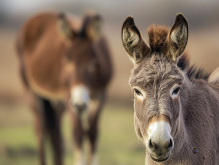 A close-up of a donkey with a brown coat and expressive eyes, while another donkey is blurred in the background.の素材