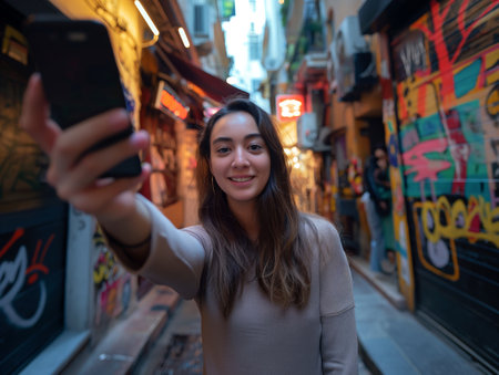 A woman smiles while taking a selfie in a narrow alley adorned with vibrant graffiti and neon signs.の素材