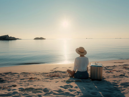 A person in a hat sits on a sandy beach beside a suitcase, gazing at a tranquil sunset over calm waters.の素材