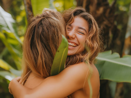 Two women embrace warmly amidst lush green foliage. One woman smiles brightly, exuding happiness.の素材