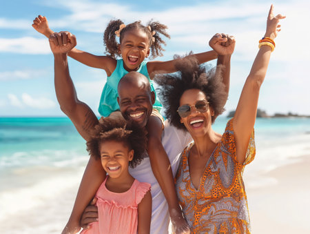 A happy family of four enjoys a sunny day at the beach, smiling and raising their arms in celebration.の素材