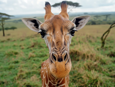 A close-up of a giraffes face with large ears and expressive eyes, set against a grassy landscape.の素材