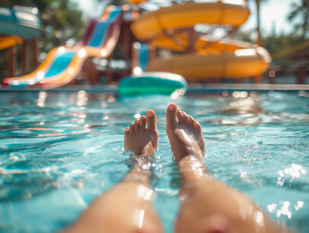A person relaxes in a pool, with their feet in focus. Colorful water slides and a green inflatable ring are visible in the background.の素材