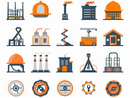 A collection of 20 industrial and construction-themed icons in orange and gray, depicting various equipment, buildings, and tools.の素材