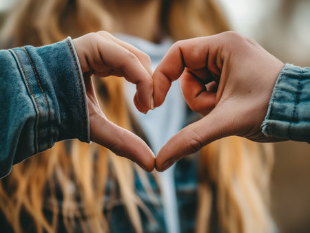 Two hands in denim jackets form a heart shape against a blurred background, symbolizing love and connection.の素材