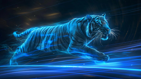 A glowing blue tiger is depicted in mid-stride, surrounded by dynamic light trails against a dark background.の素材