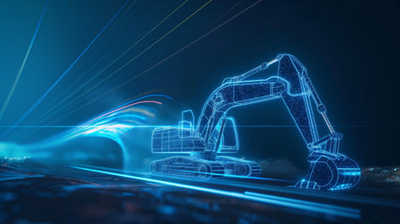 A digital wireframe of an excavator in a futuristic setting with dynamic light trails and a blue hue.の素材