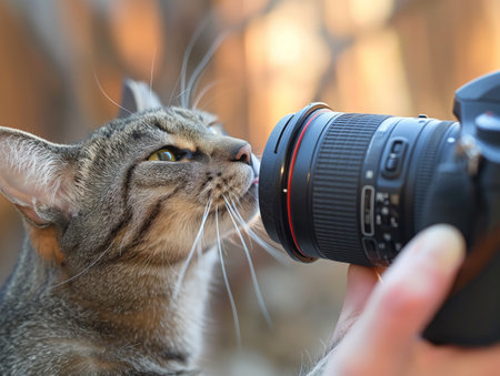 A close-up of a tabby cat sniffing the lens of a camera held by a person, with a blurred background.の素材