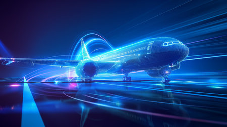 A digital representation of an airplane illuminated by vibrant neon lights, set against a dark background with dynamic light trails.の素材
