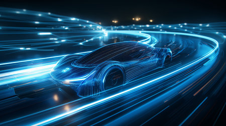 A sleek, futuristic car speeds through a neon-lit track, leaving vibrant blue light trails in its wake, symbolizing high-tech innovation and speed.の素材