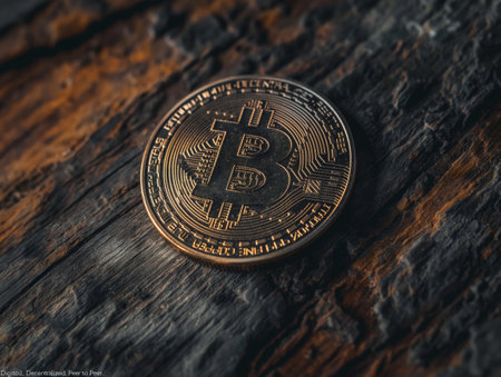 A close-up of a Bitcoin coin resting on a textured wooden surface, highlighting its intricate design.の素材