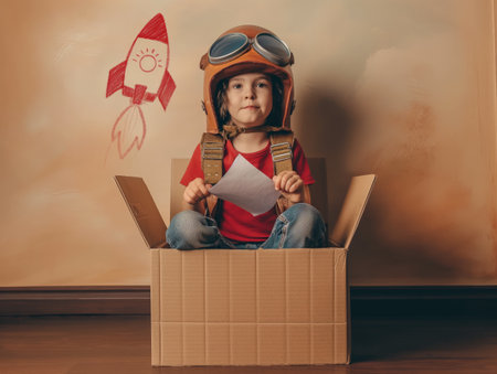 A child wearing an aviator helmet sits in a cardboard box, holding a paper, with a red rocket drawing on the wall.の素材