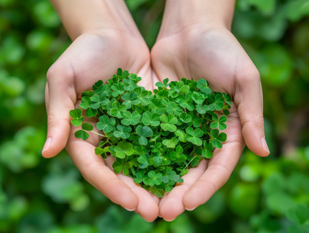 Two hands gently cradle a bunch of vibrant green clovers, with a blurred background of more cloversの素材