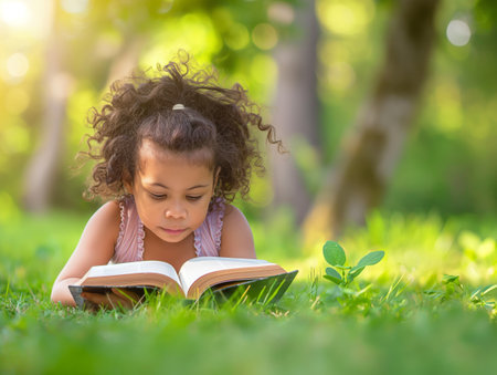 A young girl with curly hair lies on the grass, engrossed in a book, surrounded by lush greenery and sunlight.の素材