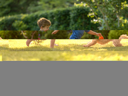 A young boy in a blue shirt and red shorts runs barefoot on grass, holding a ball, while a fluffy dog chases him in a sunlit garden.の素材