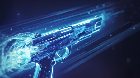 A glowing, futuristic handgun emits bright blue light trails against a dark background, creating a dynamic and high-tech visual effect.の素材