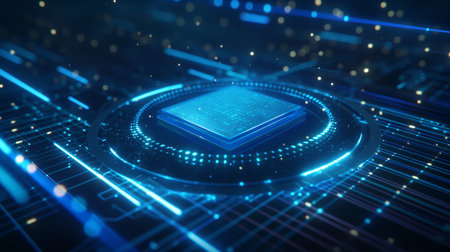 A glowing blue microchip sits at the center of a futuristic circuit board, surrounded by intricate patterns and illuminated lines.の素材