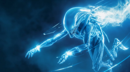 A glowing, biomechanical alien figure is depicted in a dynamic pose, surrounded by blue light.の素材