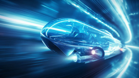 A sleek, transparent futuristic vehicle speeds through a neon-lit tunnel, emitting a blue glow.の素材