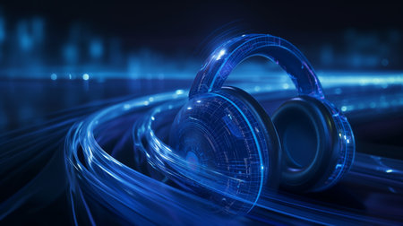 A pair of futuristic headphones surrounded by dynamic blue light trails, set against a dark background with a digital, high-tech aesthetic.の素材