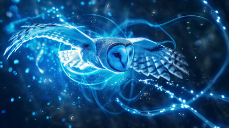 A majestic owl with glowing blue feathers soars through a mystical, illuminated night sky.の素材