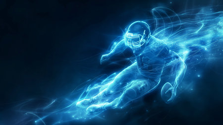A glowing, ethereal football player in motion, holding a football, set against a dark background.の素材