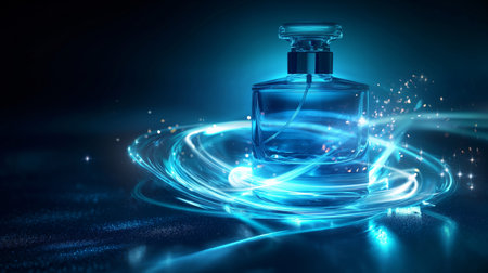 A sleek, transparent perfume bottle is surrounded by dynamic, glowing blue swirls and sparkles, set against a dark background.の素材