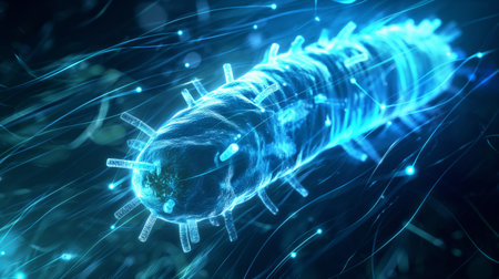 A close-up view of a glowing, blue, microscopic organism with hair-like structures, surrounded by light streaks.の素材
