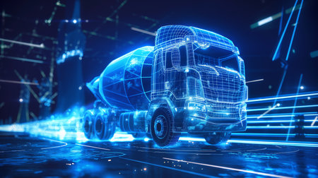 A glowing blue digital blueprint of a cement mixer truck in a high-tech, futuristic environment.の素材