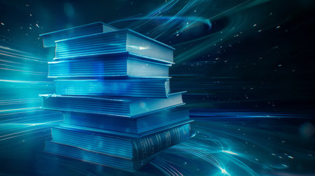 A stack of books is illuminated by a vibrant blue glow, with dynamic light trails in the background.の素材