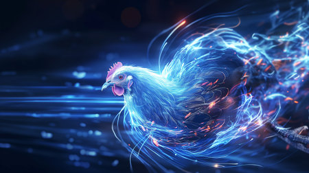 A chicken with glowing, ethereal feathers appears to be in motion against a dark background, creating a dynamic and surreal visual effect.の素材