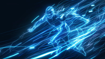 A neon blue digital figure in a running pose, surrounded by dynamic light trails on a dark background.の素材