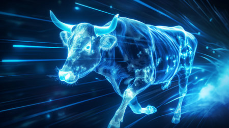 A glowing, neon-blue bull appears to be in motion, surrounded by dynamic light trails, creating a futuristic and energetic atmosphere.の素材