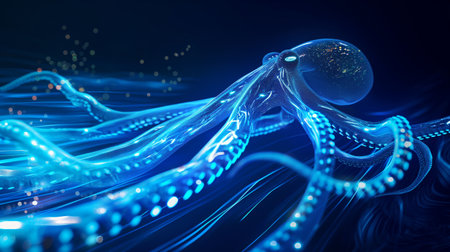 A luminous blue octopus with glowing tentacles swims in a dark, digital ocean, emitting light trails.の素材