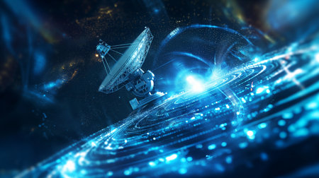 A large satellite dish is set against a backdrop of a digital, starry space, emitting blue light and data streams.の素材