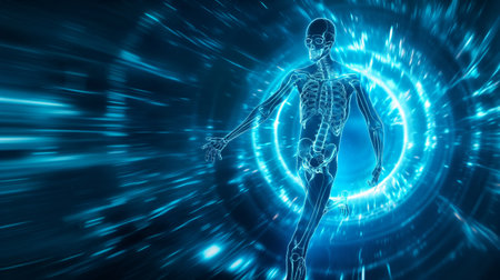 A glowing digital human skeleton is depicted in a dynamic, blue, futuristic tunnel, suggesting motion and technology.の素材
