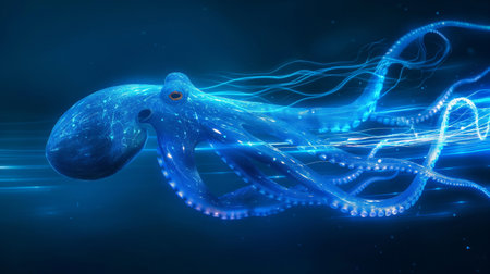 A luminous octopus swims through a digital, neon-blue ocean, its tentacles trailing light streaks.の素材