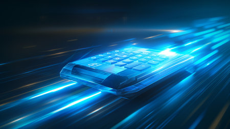 A glowing, transparent calculator appears to be moving at high speed, surrounded by dynamic blue light trails.の素材