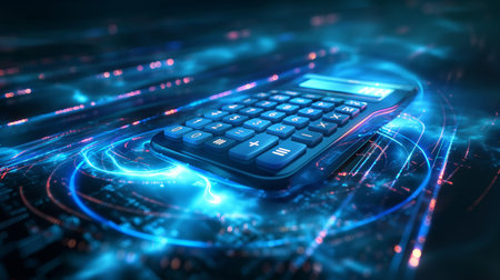 A modern calculator rests on a glowing, digital surface with neon blue lights and circuit patterns.の素材